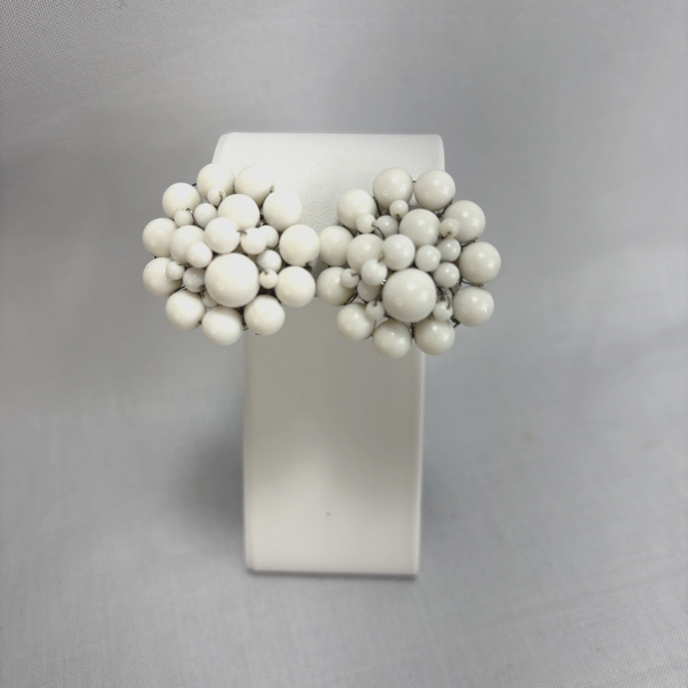 Vintage White Beaded Cluster Clip On Earrings - Japan